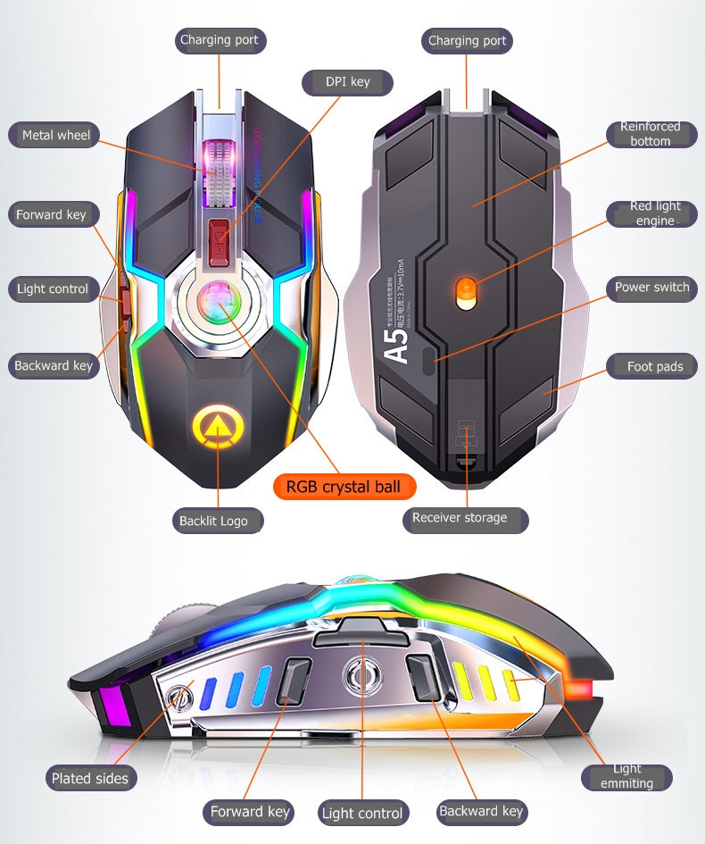 Souris Gaming Sans Fil RGB Rechargeable-Silencieuse